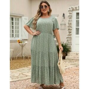 Nemidor Maxi Dress Women 24 Sage Green Floral Tiered Empire Waist Flutter Sleeve